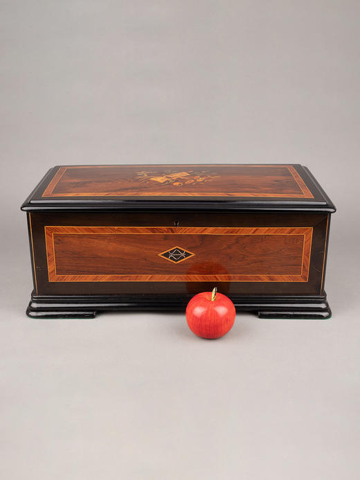 独角鹿西洋古董Paillard工坊细木镶嵌外箱配铃铛响鼓滚轴音乐盒 商品图1