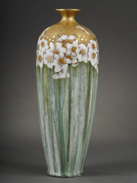 独角鹿西洋古董瓷器1900年代法国出品新艺术风格花卉主题花瓶 商品图2