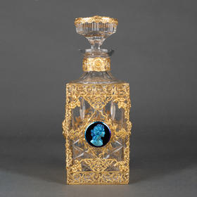 [订金]独角鹿西洋古董铜鎏金饰古典女子肖像蓝色琉璃浮雕水晶酒瓶