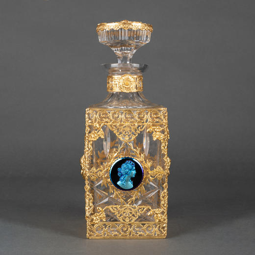 [订金]独角鹿西洋古董铜鎏金饰古典女子肖像蓝色琉璃浮雕水晶酒瓶 商品图0