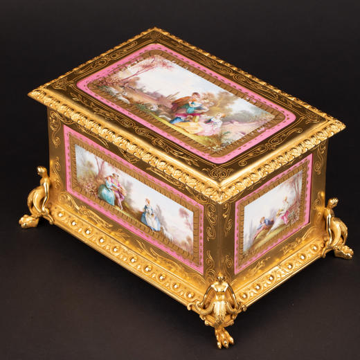 独角鹿西洋古董欧洲乡村场景陶瓷画丝绸内衬银镀金首饰盒珍宝盒 商品图2