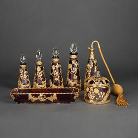 独角鹿西洋古董法国新艺术风格铜鎏金浮雕红水晶梳妆用具七套件