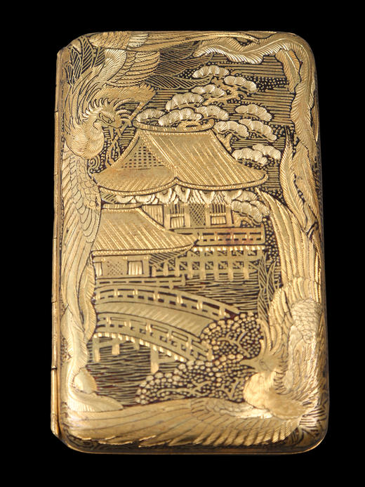 独角鹿西洋古董日本明治时期祥瑞龙凤与传统楼阁主题布目象嵌烟盒 商品图0