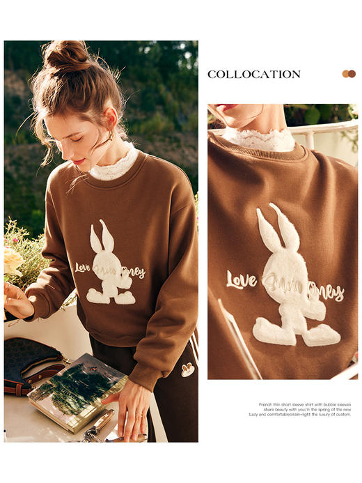 OLrain欧芮儿法式加绒圆领卫衣女秋冬2022年新款立体兔子纯棉上衣 商品图0