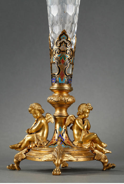 独角鹿西洋古董摆件法国铜鎏金饰錾胎珐琅小天使主题水晶花瓶 商品图3