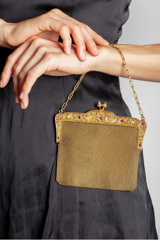 独角鹿西洋古董法国18K黄金镶嵌钻石粉色蓝宝石网状编织晚宴包 商品图1