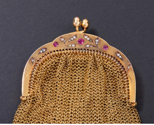 独角鹿西洋古董法国18K金镶嵌钻石花叶纹饰黄金编织女士零钱包 商品图2