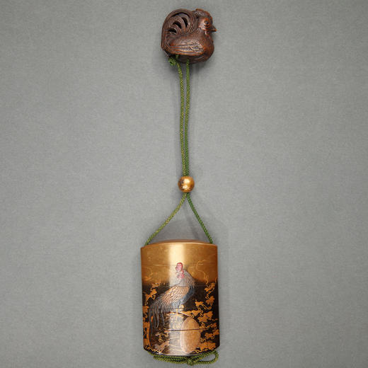 独角鹿西洋古董日本明治时期梶川签名黄杨木根付黑地金漆莳绘印笼 商品图0