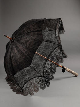 独角鹿西洋古董牛骨精雕伞柄花卉黑色尚蒂依蕾丝伞面古典淑女阳伞