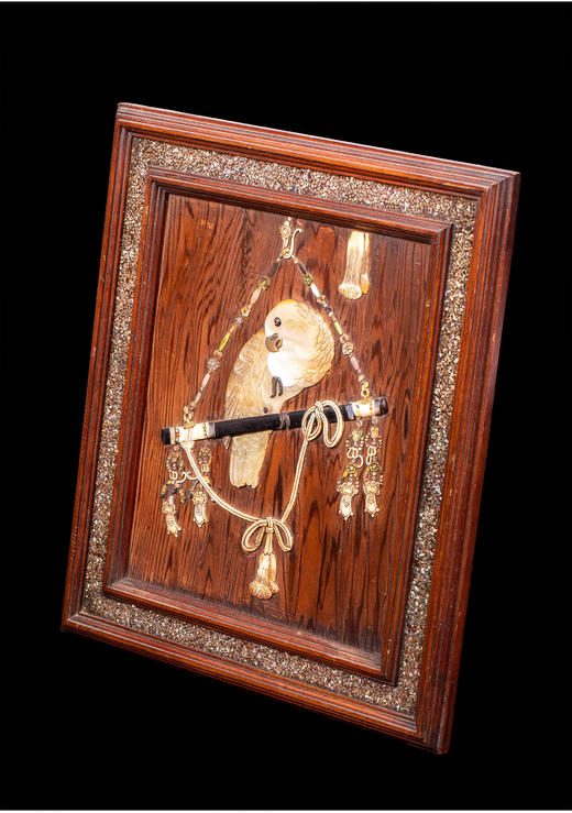 独角鹿西洋古董家居饰品1880年代日本明治时期鹦鹉主题芝山镶嵌画 商品图2