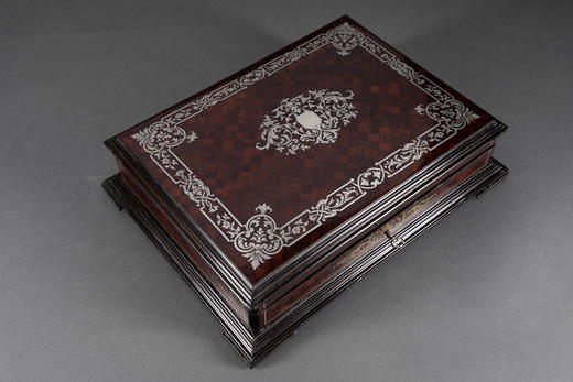 独角鹿西洋古董法国拿破仑三世时期出品紫檀木细木镶嵌银丝游戏盒 商品图4