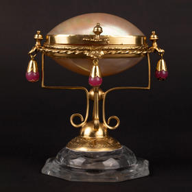 独角鹿西洋古董Palais Royal粉红吊坠八角水晶底座母贝首饰珍宝盒