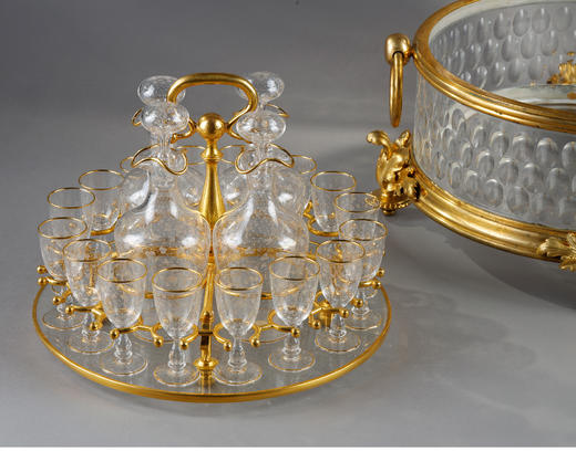 独角鹿西洋古董法国著名工坊古典叶纹铜鎏金水晶烈酒箱酒具套件 商品图3