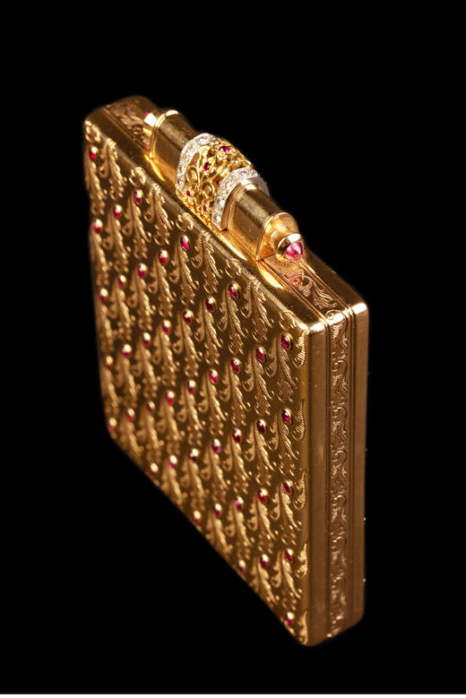 独角鹿西洋古董法国宝诗龙18K金花叶纹镶红宝石钻石化妆盒化妆镜 商品图1