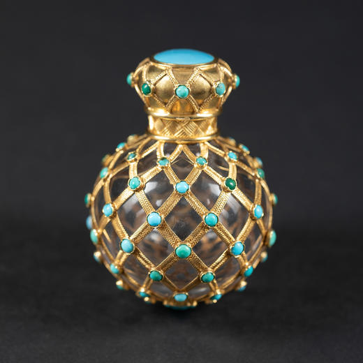 独角鹿西洋古董18k黄金精雕编织纹镶嵌绿松石装饰水晶香水瓶 商品图0
