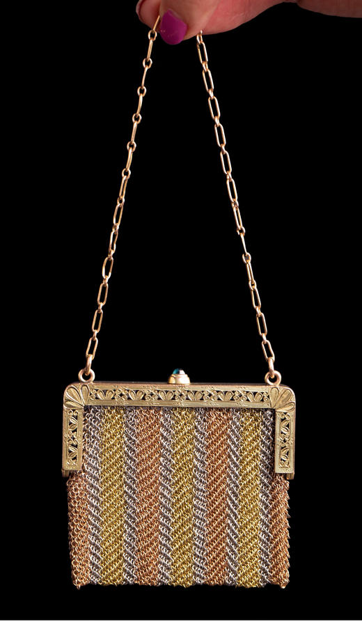 独角鹿西洋古董美国14K黄金锁子甲编织藏化妆盒女士手拿包晚宴包 商品图1