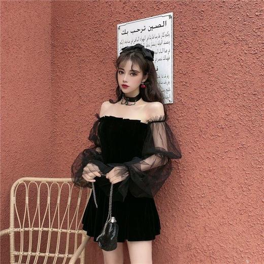 春季新款性感夜店风一字领连衣裙子短款小个子高腰黑色a字短裙子 商品图1