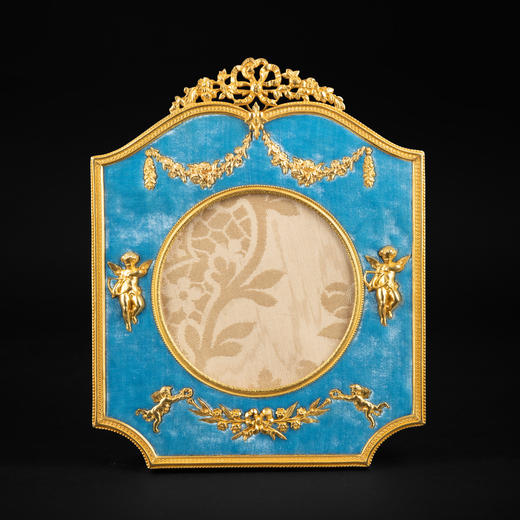 独角鹿西洋古董法国路易十六风格铜鎏金浮雕镶嵌蓝色天鹅绒相框 商品图0