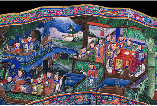 独角鹿西洋古董广东十三行银鎏金累丝烧蓝贝壳檀木双面手绘折扇 商品图4