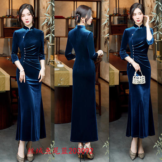 SYK203090改良时尚金丝绒长款鱼尾旗袍裙2022秋季新款年轻女士宴会纯色旗袍 商品图3