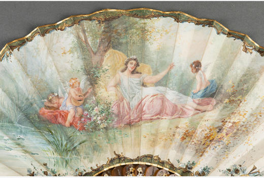 独角鹿西洋古董法国画师签名女神与天使主题手绘扇面古董折扇  商品图2
