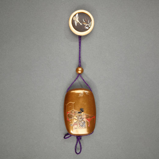 独角鹿西洋古董日本明治时期芝山象嵌根付金漆莳绘五段印笼 商品图0