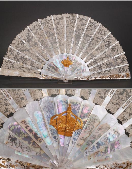 独角鹿西洋古董法国花卉主题蕾丝扇面镂空雕刻描金母贝扇骨折扇 商品图3