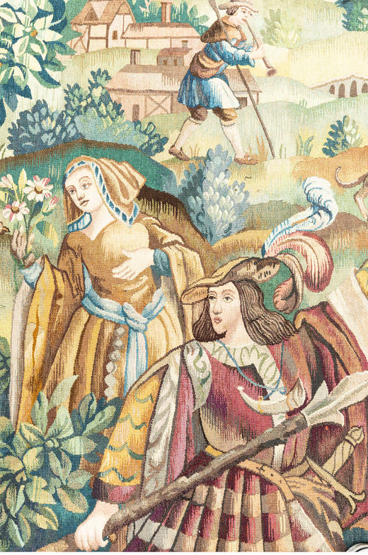 独角鹿西洋古董20世纪法国奥布松工坊贵族巡猎主题羊毛丝绸挂毯 商品图4