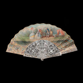 独角鹿西洋古董路易十五风宫廷贵族人物手绘纸质扇面镂雕母贝折扇