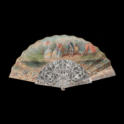 独角鹿西洋古董路易十五风宫廷贵族人物手绘纸质扇面镂雕母贝折扇 商品图0
