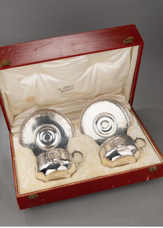 独角鹿西洋古董银器工坊BOULANGER纯银浮雕热奶巧克力杯碟一对 商品图4