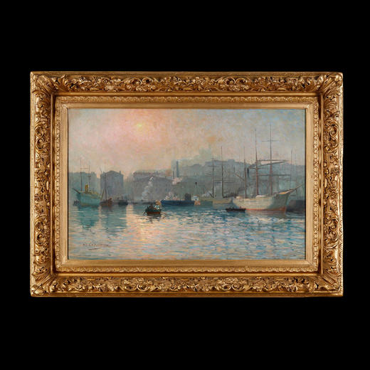 独角鹿西洋古董画家ED.CRÉMIEUX签名布面油画作品《马赛港口》 商品图0