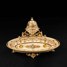 独角鹿西洋古董1840年代法国铜鎏金装饰水仙黄布雷松珐琅墨水台