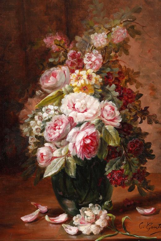 独角鹿西洋古董法国画家Clément Gontier静态花卉主题油画一对 商品图4