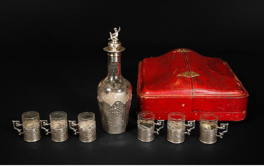 独角鹿西洋古董欧洲纯银精雕花园雅宴主题嵌刻花水晶酒具套装 商品图1