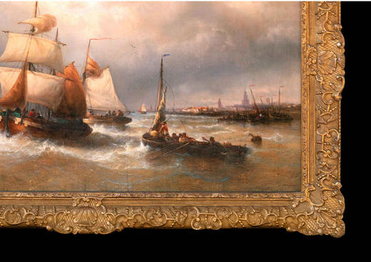 独角鹿西洋古董比利时著名画家F.MUSIN签名油画《出港船舶》 商品图4