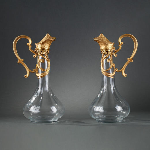 独角鹿西洋古董摆件法国铜鎏金涡卷叶纹雕花水晶酒壶一对 商品图0