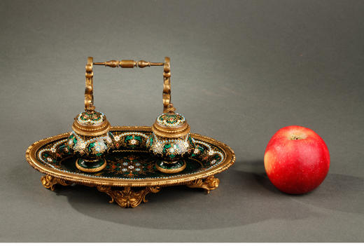 独角鹿西洋古董摆件法国手提式铜鎏金饰布雷松珐琅手绘墨水台 商品图1