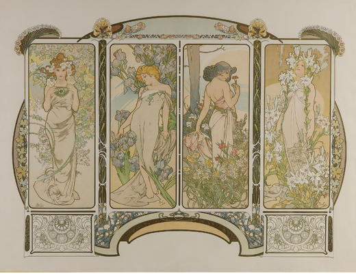 独角鹿西洋古董新艺术时期穆夏签名原版版画四时花卉Les Fleurs 商品图1