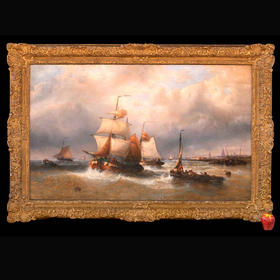 独角鹿西洋古董比利时著名画家F.MUSIN签名油画《出港船舶》