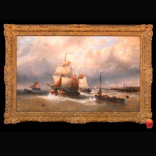 独角鹿西洋古董比利时著名画家F.MUSIN签名油画《出港船舶》 商品图0