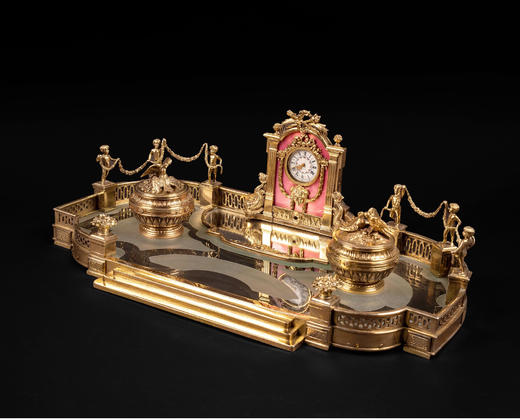 独角鹿西洋古董法国纯银镀金粉色珐琅钟表雕刻宫廷花园造型墨水台 商品图1