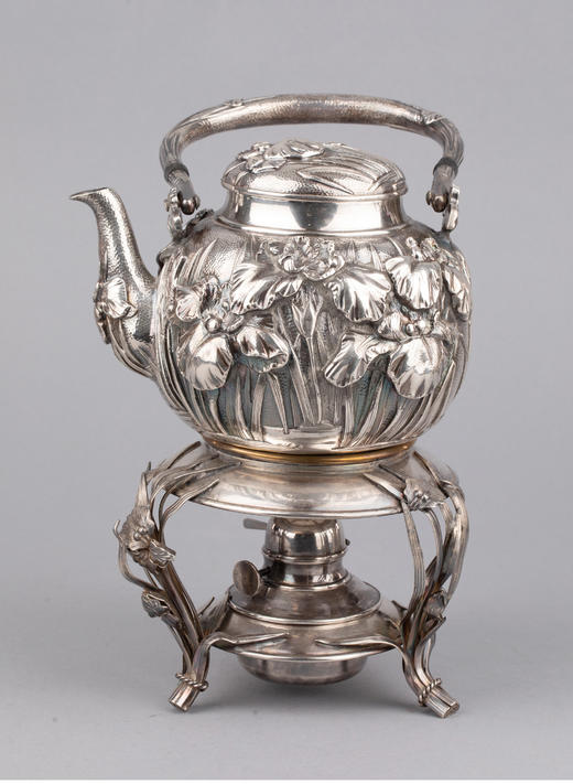 独角鹿西洋古董银器日本明治时期东方鸢尾主题纯银雕花下午茶套件 商品图3