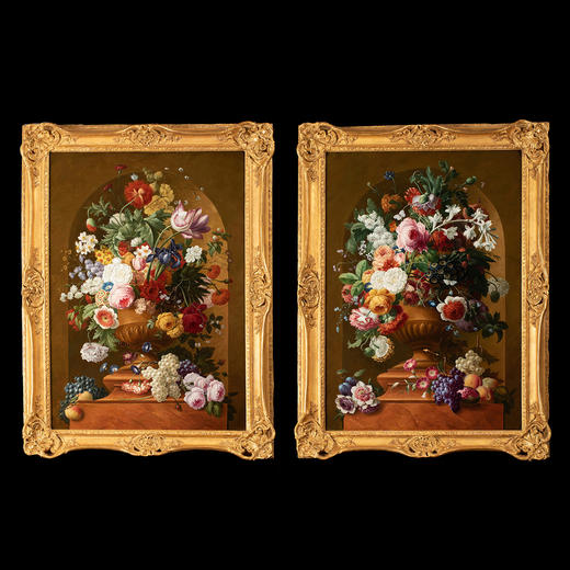 独角鹿西洋古董法国静物画壁龛中的古典花瓶与花卉布面油画⼀对 商品图0