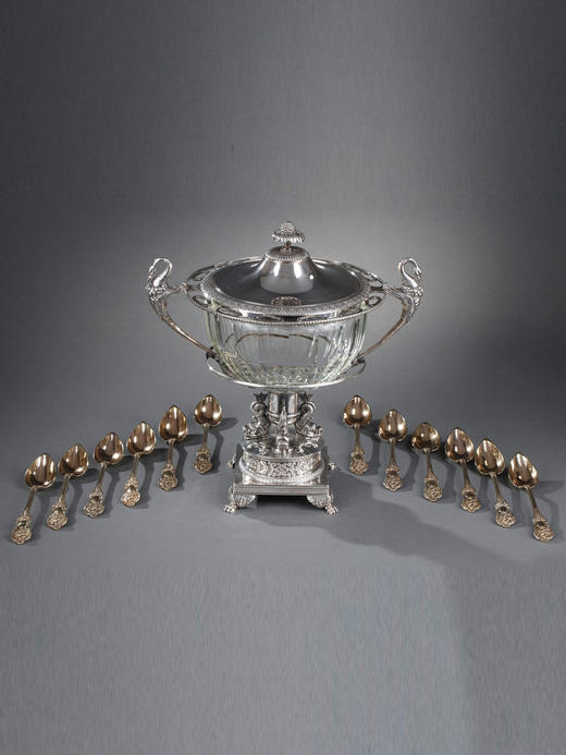 独角鹿西洋古董法国银匠帝政风格天鹅海豚纯银精雕水晶冰激凌樽 商品图4