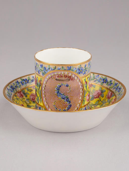 独角鹿西洋古董法国塞弗尔名匠描金手绘繁花咖啡热可可瓷器杯碟 商品图0