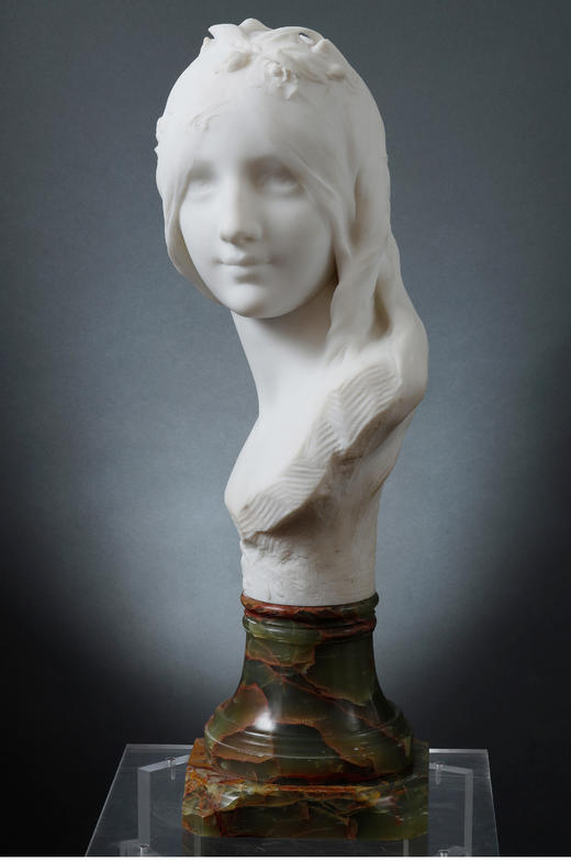 独角鹿西洋古董法国R. ROZET新艺术风格大理石雕塑《少女半身像》 商品图2