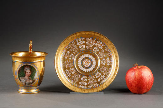 独角鹿西洋古董塞弗尔瓷器手绘描金肖像细密画瓷器杯碟一套 商品图1