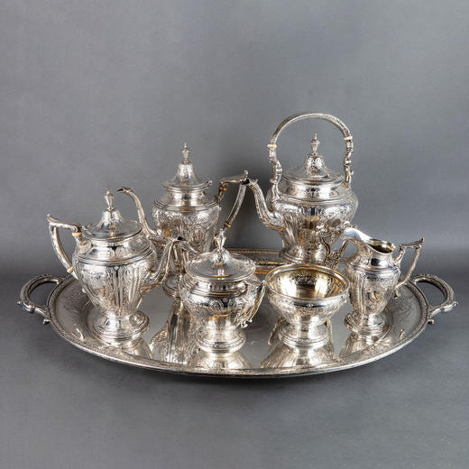 独角鹿西洋古董银器美国工坊出品花卉主题雕饰纯银咖啡茶具套件 商品图0