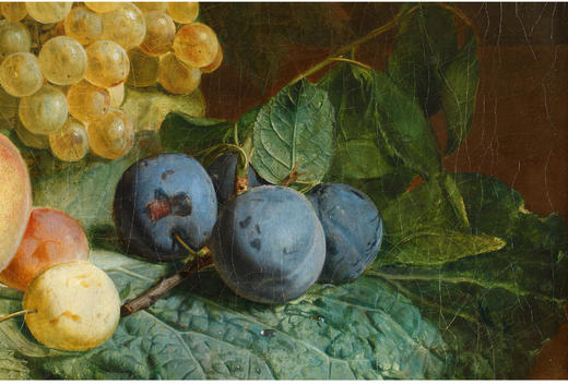 独角鹿西洋古董法国画家签名花卉静物油画《桌上的葡萄李子与桃》 商品图3